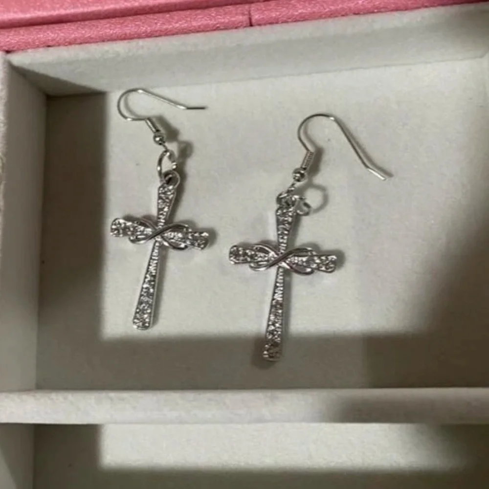 New Woman’s Sterling Silver Infinity Crucifix Cross White Sapphire Earrings